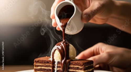 Hands pouring hot chocolate sauce over a layered dessert with a scoop of ice cream on a white plate.
