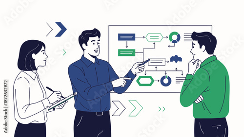 Business meeting flowchart presentation, team brainstorming strategy analysis