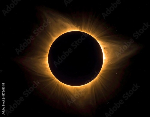 A stunning display of a total solar eclipse. The dark lunar disc is framed by a luminous, fiery corona, radiating outward against the black void