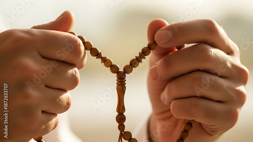 Hands Holding Prayer Beads Meditation Focus.