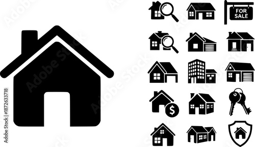 House set icon, collection home sign, real estate, flat style houses in outline and line design - vector
