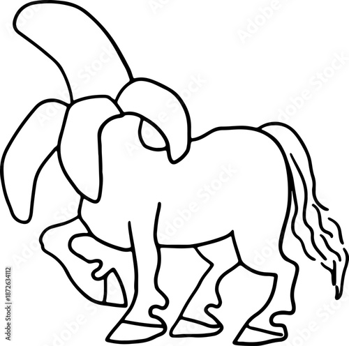 Humorous mutant horse with a banana-shaped head, playful and cartoon-style. Drawn with black curved lines in grunge style