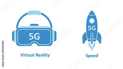 5G Technology Virtual Reality Headset with Rocket Launching in Blue Monochromatic Minimalistic Design for Tech Advertising