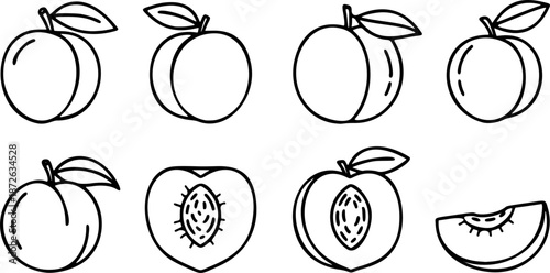 set of peach fruit- icon, black and white