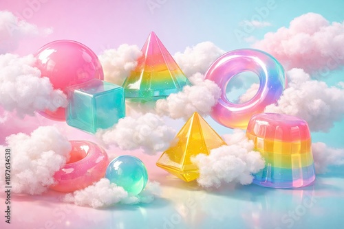 Hyper-realistic 3D render of soft, floating geometric shapes made of translucent colorful jelly and fluffy clouds, colliding gently in a pastel pink and mint blue dreamscape. Surreal juxtaposimage.png