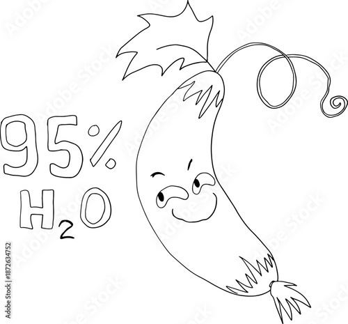 Humorous cucumber with a sly face, accompanied by the text water formula, playful and cartoon-style Drawn with black curved lines in grunge style