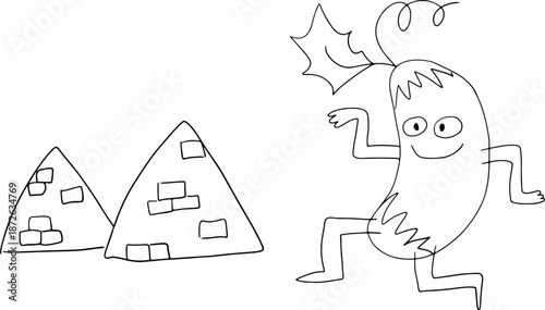 Playful cucumber dancing near the Egyptian pyramids, fun and cartoon-style illustration. Drawn with black curved lines in grunge style