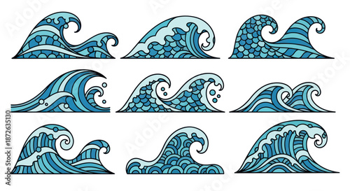 Decorative Ocean Waves Set in Japanese Art Style