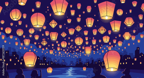 Floating sky lanterns illuminate a festive urban night scene.