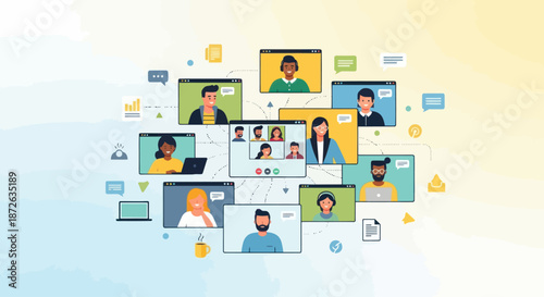 Diverse people having a video conference call, collaborating remotely in an online meeting.