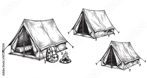 Camping tent engraving illustration for outdoor equipment branding