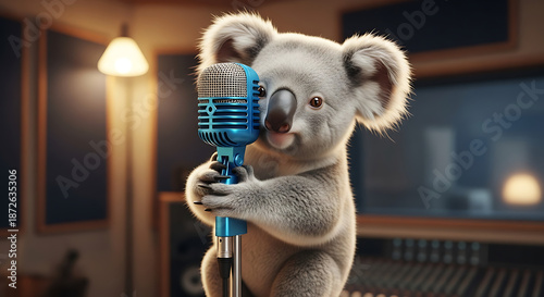 Koala Holding Microphone in Recording Studio.