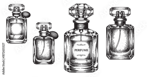 Classic perfume bottle engraving illustration for luxury packaging