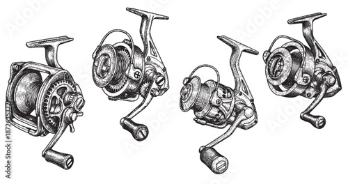 Fishing reel engraving illustration for angling equipment branding