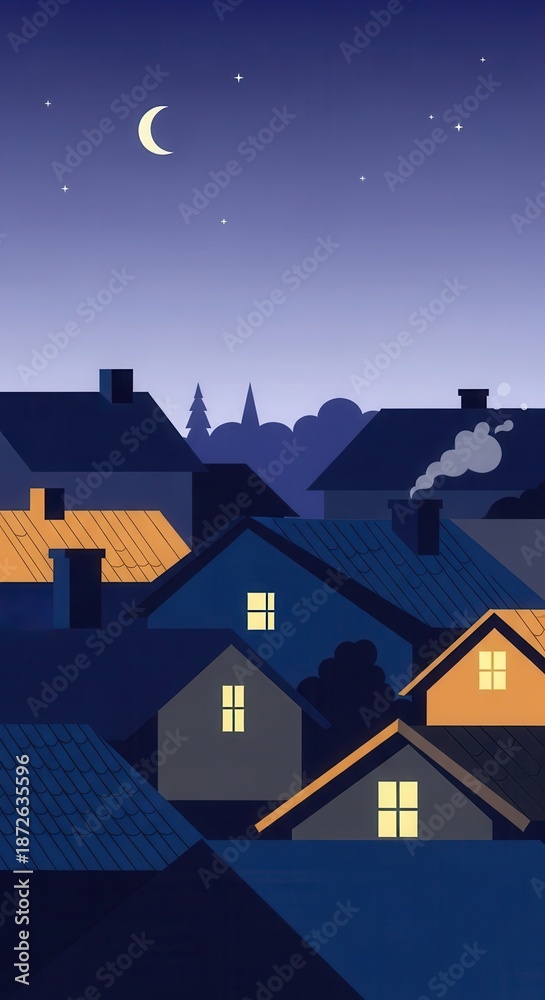 Naklejka premium Residential rooftops cluster beneath a crescent moon in the deep evening sky