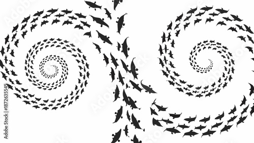 School of fish swimming in spiral formation with outliers