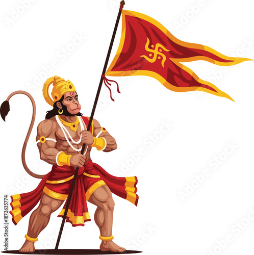 Vector illustration of Lord Hanuman holding a flag with a swastika symbol, standing heroically with a determined expression on a white background. Perfect for Hindu mythology, cultural