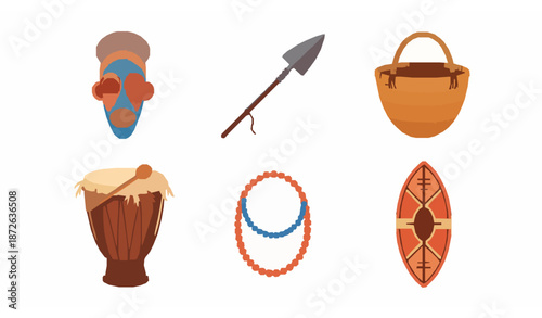 Flat vector set of authentic African tribal attributes including mask, spear, drum, shield, and jewelry