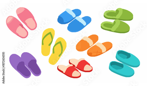 Cartoon vector set of colorful comfortable slippers and flip-flops, soft home footwear for kids and adults