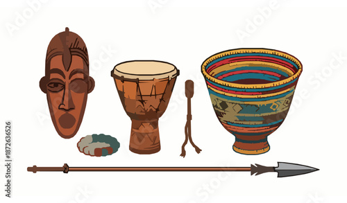 Minimalist flat vector illustration of African tribal cultural objects, masks, drums, jewelry, and spears