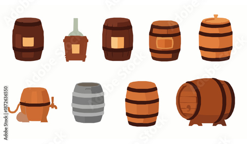 Cartoon vector set of wooden barrels and casks for brewing alcohol, whiskey, wine, beer, and rum illustrations
