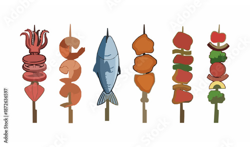 Minimalist cartoon vector illustration of hot skewered street snacks with seafood, meat, and vegetables