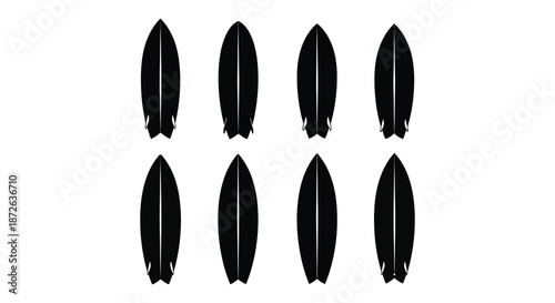 A minimalist arrangement of six black surfboards displayed in a neat symmetrical pattern on a white background