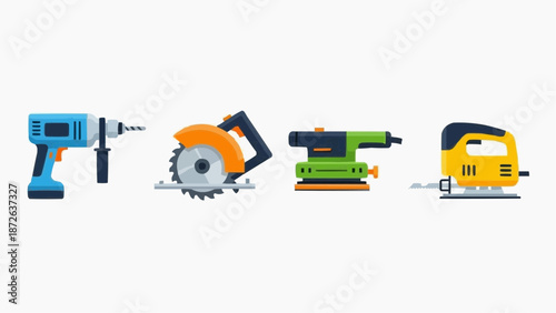 Various power tools including drill, saw, sander, and planer on a clean white background