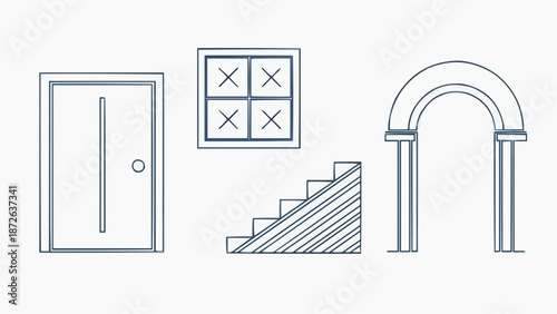 Simple line illustrations of architectural elements including a door, window, staircase, and archway depicted in a minimalist style.