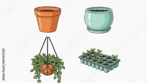 Potted plants and seedlings in various containers displayed together in a simple setting