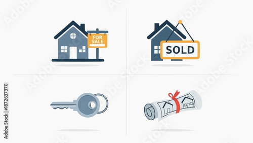 Illustration of a house sale process with key and money transfer