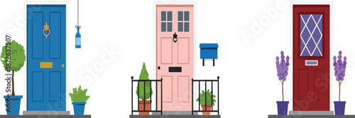 Colorful house front doors with plants and mailbox, cozy home entrance exterior flat vector illustration