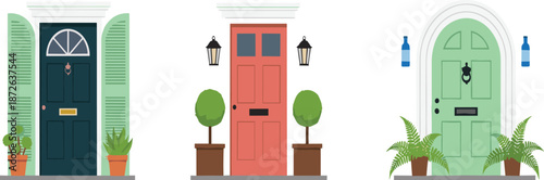 Colorful front door vector set with decorative plants, lanterns, and classic residential house entrance