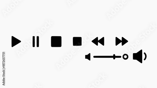 Multimedia control icons arranged in a sequence on a plain white background illustrating graphical user interface elements for media playback and sound settings
