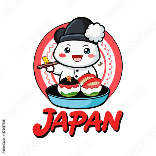 Japan sushi logo mascot with traditional japanese chef character bring sushi on a plate, unique and cute cartoon logo with traditional asia background pattern
