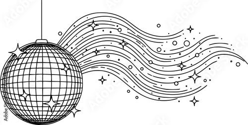 Outline drawing of a sparkling disco ball suspended by a line with an energetic wavy trail suitable for music festival posters and dance event flyers. on white background