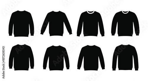 A collection of black silhouette sweater designs showcasing varying neckline and sleeve styles