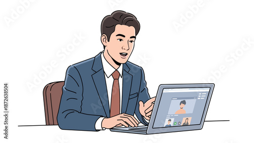 Professional businessman in a blue suit conducting a remote video conference on a laptop, engaged in digital communication and virtual teamwork at a modern desk.