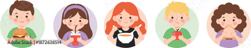 Cute children eating food icons set with burger, drink, soup, apple and sandwich flat vector illustration