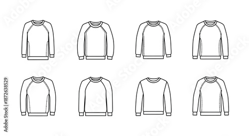 Illustrations of crewneck sweatshirts in various styles presented as simple clean black and white line drawings