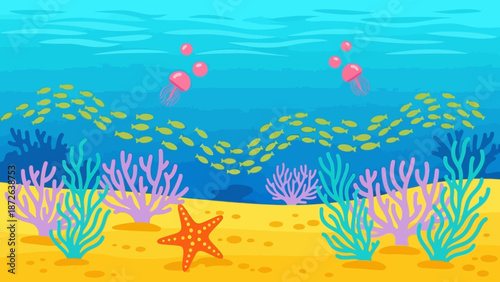Underwater scene with coral and marine life.
