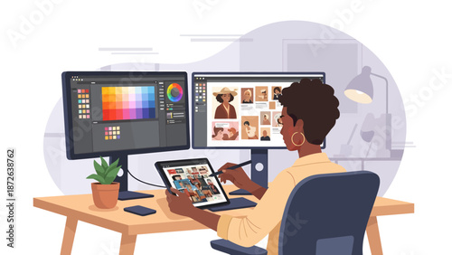 Professional Black Woman Graphic Designer Working at a Modern Desk Using a Digital Tablet and Stylus with Dual Monitors Displaying Creative Design Projects.