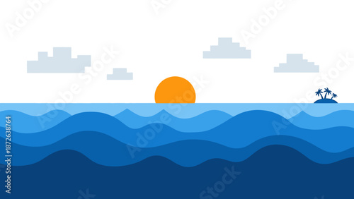 Serene ocean waves at sunrise with distant clouds and silhouette.