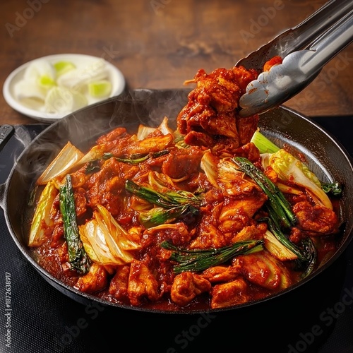 Close-up of lifting a juicy piece of spicy stir-fried chicken Dakgalbi with tongs from an iron pan

무쇠팬에서 집게로 육즙이 풍부한 매운 닭갈비 한 점을 들어 올리는 클로즈업