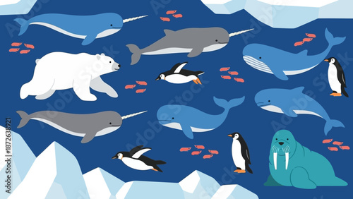 Arctic marine life illustration with diverse animals and icebergs.