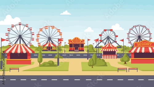 Vibrant cartoon illustration of a lively fairground scene with Ferris wheels and tents.
