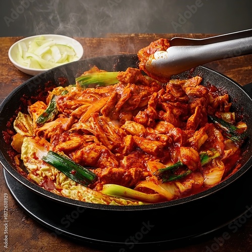 Close-up of authentic Korean spicy stir-fried chicken Dakgalbi with tongs and pickled radish side dish

집게와 쌈무 반찬이 있는 정통 한국 매운 닭갈비 클로즈업