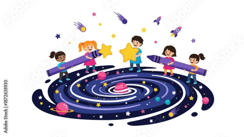 Children playing with pencils in space surrounded by stars and planets.