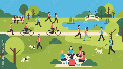 People enjoying a sunny day in the park with various activities.