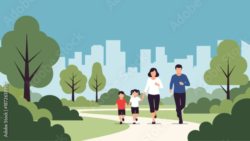 Family walking together in a serene park with city skyline.